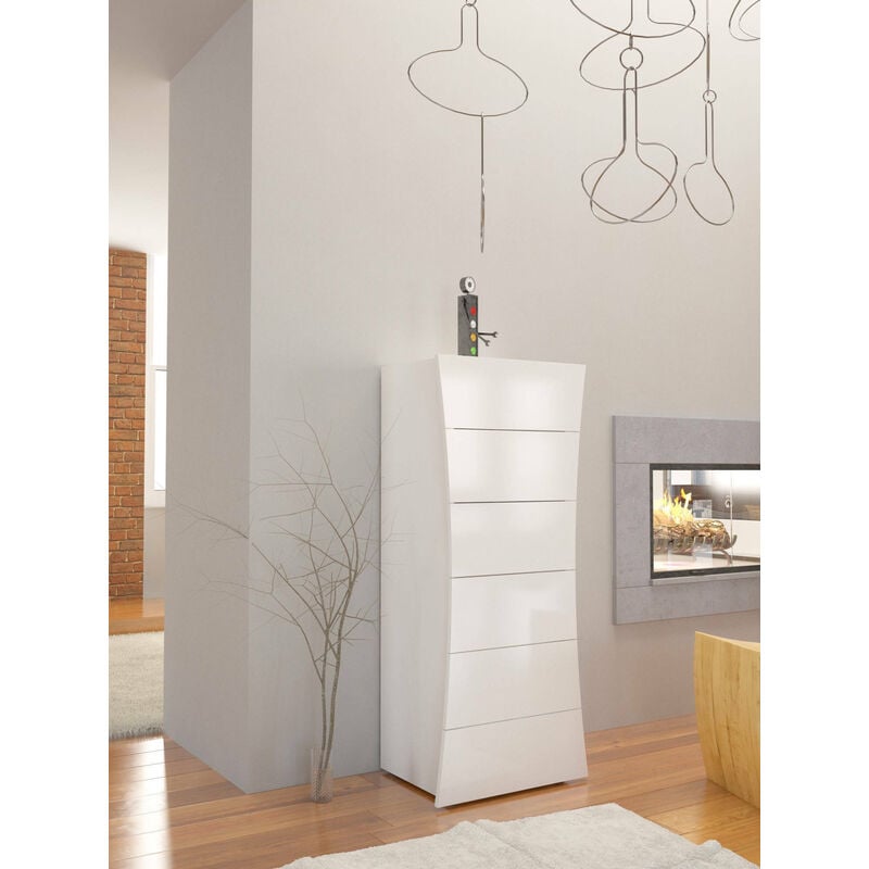 Commode Dikoné, Commode 6 tiroirs, Commode pour chambre, 100% Made in Italy, cm 50x40h122, Blanc brillant - Dmora