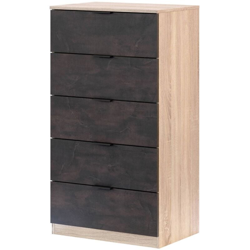 Chariot à tiroirs Mesquite, Hebdomadaire avec 5 tiroirs, Commode pour chambre, Hebdomadaire moderne, cm 60x40h110, Chêne et Anthracite - Dmora