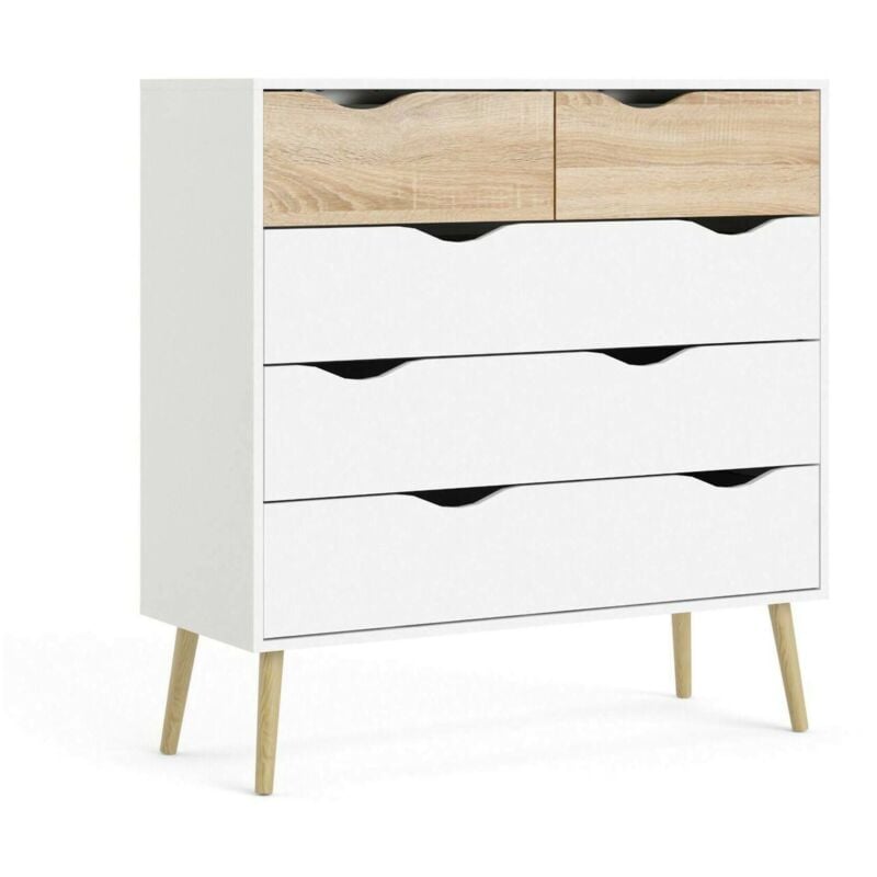 Commode à cinq tiroirs, blanc et chêne, Mesures 98 x 100 x 39 cm - Dmora