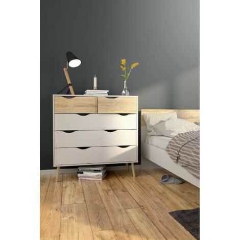Dmora Commode à cinq tiroirs, blanc et chêne, Mesures 98 x 100 x 39 cm, avec emballage renforcé