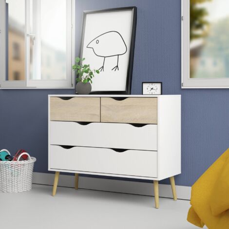 Dmora Commode à quatre tiroirs, blanc et chêne, Mesures 98 x 81 x 39 cm