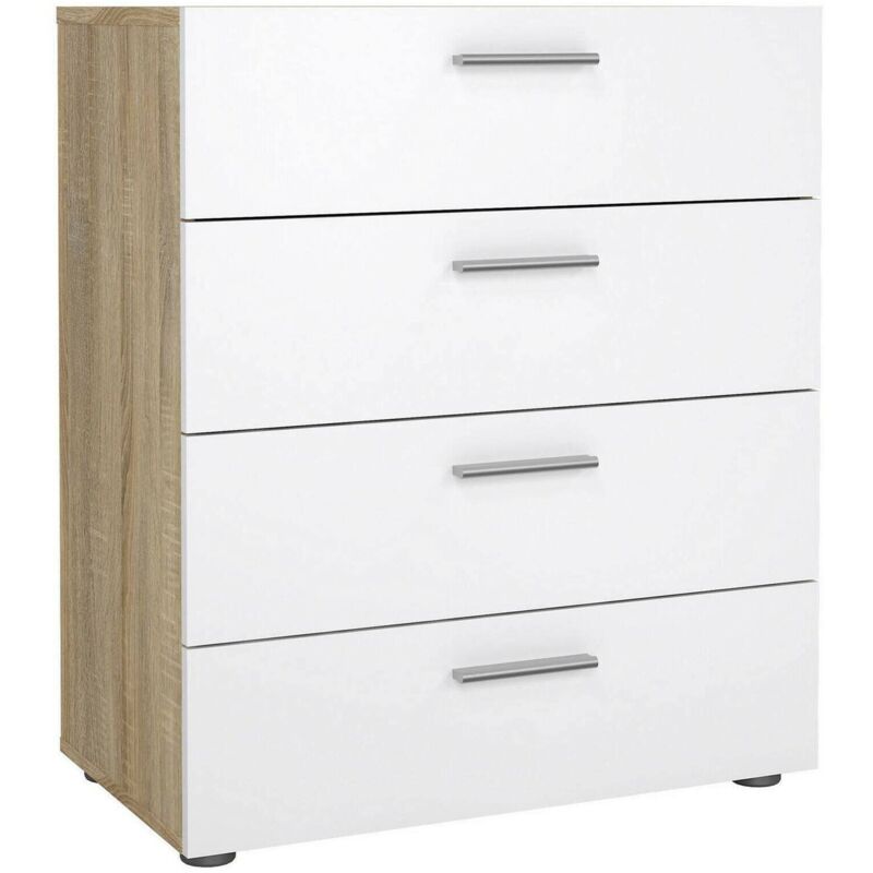 Dmora Commode à quatre tiroirs, couleur chêne et blanc brillant, 70 x 82 x 40,25 cm, avec emballage renforcé