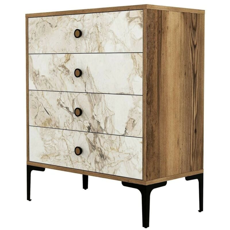 Commode Daceitun, Commode polyvalente, Commode de chambre, Meuble avec tiroirs, 76x40h91 cm, Noyer et Marbre Blanc - Dmora