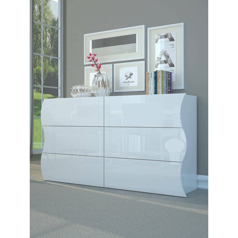 Commode Dmonz, Commode 6 tiroirs, Commode pour chambre, 100% Made in Italy, Blanc brillant, cm 155x40h82 - Dmora