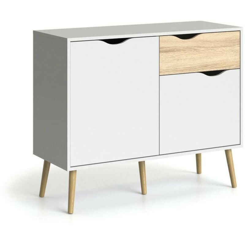 Buffet avec deux portes et un tiroir, blanc et chêne, Mesures 98 x 81 x 39 cm, avec emballage renforcé - Dmora