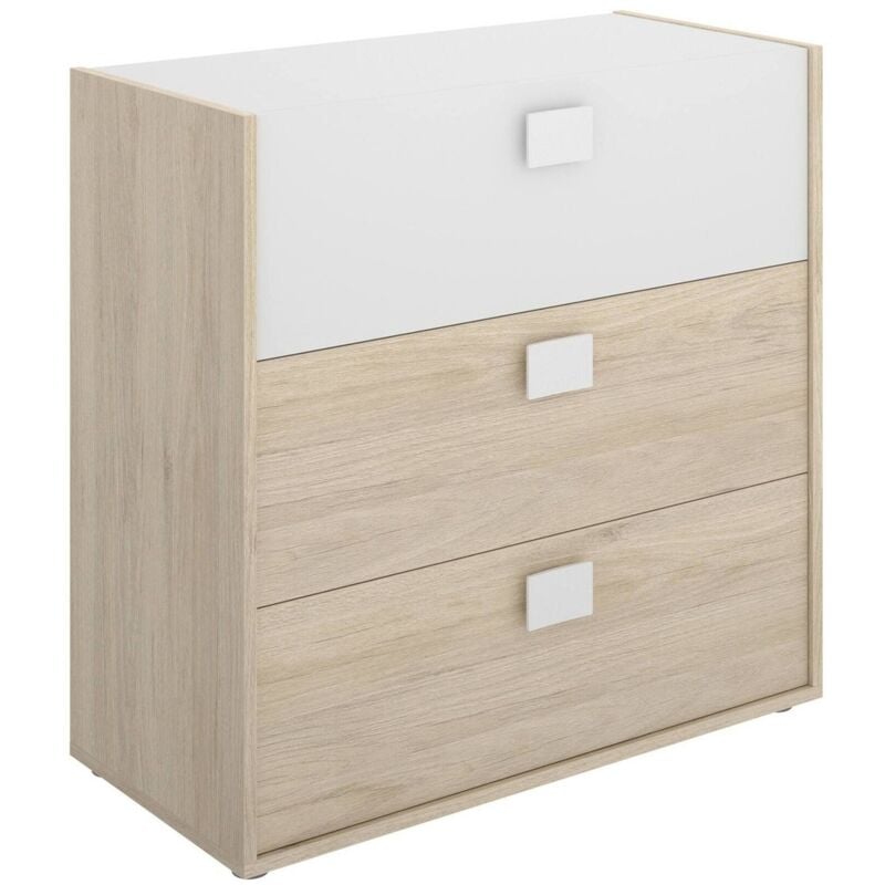 Commode Sella, Commode pour chambre à coucher, Commode à 3 tiroirs, 80x43h81 cm, Chêne et Blanc, avec emballage renforcé - Dmora