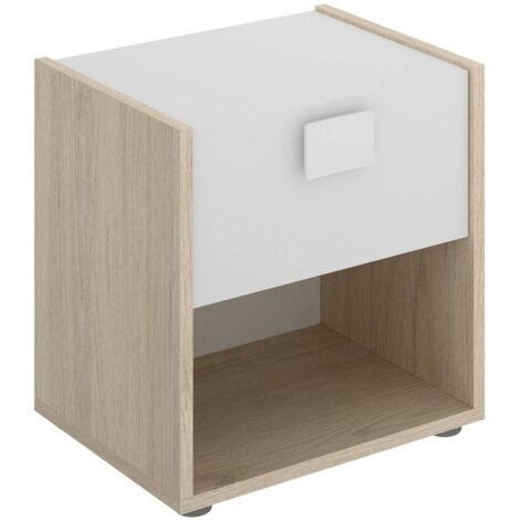 Dmora - Comodino Artica, Tavolino da notte, Comò basso a 1 cassetto, 40x33h42 cm, Bianco e Rovere