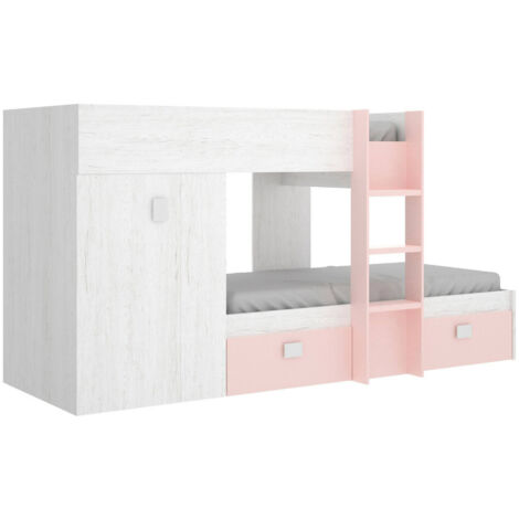 Dmora - Composizione camera da letto Araba, Cameretta completa, Composizione letto a castello con due lettini singoli, 271x111h150 cm, Bianco e Rosa