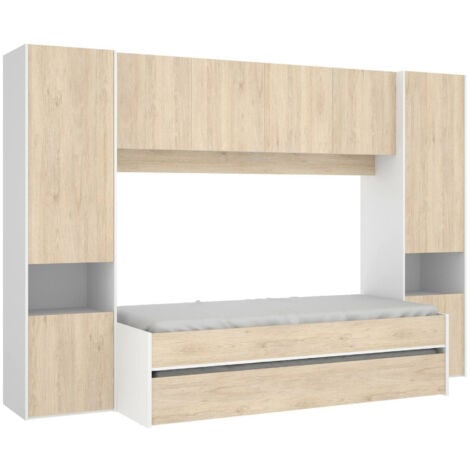 Dmora - Composizione camera da letto Giustizia, Cameretta completa, Composizione con letto e lettino singolo estraibile, 303x97h203 cm, Rovere e Bianco