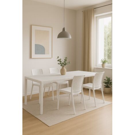 Dmora - Conjunto de mesa y sillas Cortanze para salón de interior, mesa rectangular extensible con 4 sillas y reposabrazos, fabricado en Italia, color blanco