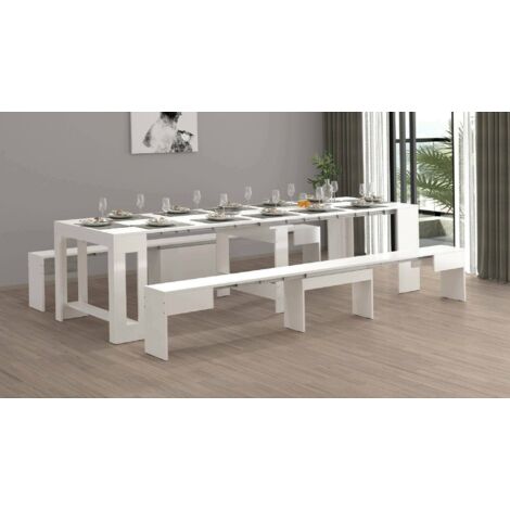 Dmora - Conjunto de mesa y sillas Eric, Composición multiusos, Conjunto con consola y 2 bancos extensibles, 100% Made in Italy, 66x25h45 cm, Blanco brillo