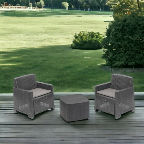 Dmora - Conjunto de salón de exterior Laigueglia, Conjunto de jardín con 2 sillones y 1 mesa contenedor, Efecto ratán con cojines, 100% Made in Italy, Antracita
