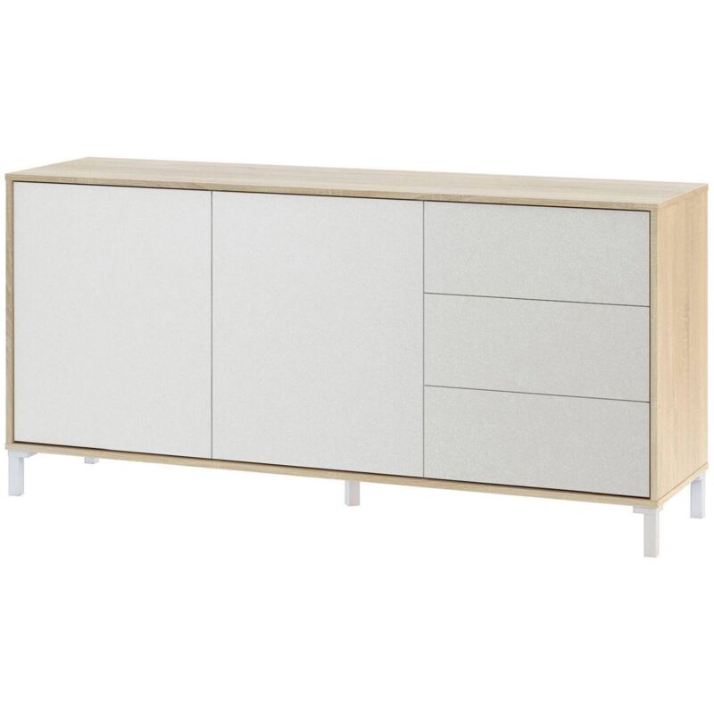 Buffet haut Concord, Buffet moderne avec 2 portes et 3 tiroirs, Buffet du salon, Meuble tv, Buffet pour le salon, cm 154x41h74, Chêne et Blanc - Dmora
