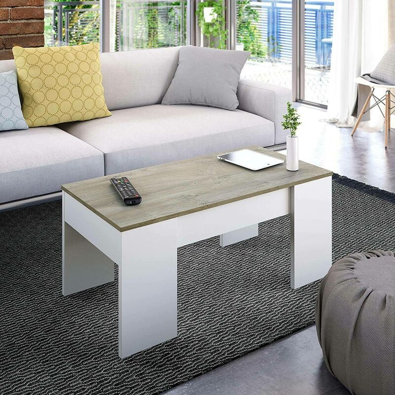 Dmora - Couchtisch mit Hubtisch und Stauraum, Farbe Weiß mit Tischplatte Eiche, 100 x 45 x 50 cm (höhenverstellbar von 45 bis 56 cm)