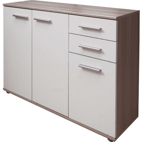 Dmora - Credenza 0, Buffet moderno a 3 ante e 2 cassetti, Madia lineare con ripiani, Cm 103x35h70, Bianco e Rovere