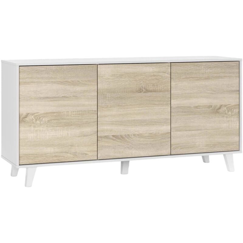 Credenza Arvada, Madia moderna a 3 ante e ripiani, Buffet da cucina, Buffet di design da soggiorno, cm 154x40h75, Bianco lucido e Bianco, con imballo