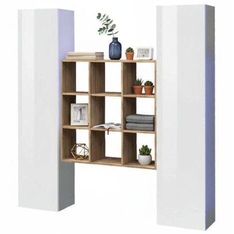 Dmora - Credenza Acerenza, Set da soggiorno a 2 ante e ripiani, Buffet da soggiorno, Madia da cucina, 100% Made in Italy, cm 170x30h180, Bianco lucido e Acero