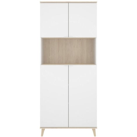 Dmora - Credenza Acura, Buffet dispensa da soggiorno, Madia da salotto moderna a 4 ante, 80x40h191 cm, Bianco e Rovere