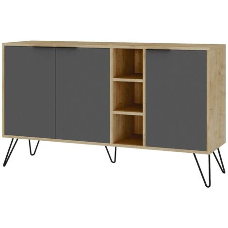 Dmora - Credenza Alin, Buffet da soggiorno, Madia da salotto, Dispensa da cucina, 142x36h83 cm, Quercia e Antracite