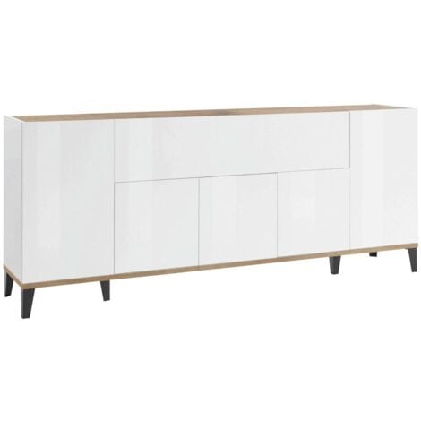 Dmora - Credenza Amour, Madia da cucina a 6 ante, Buffet da soggiorno, 100% Made in Italy, cm 200x40h82, Bianco lucido e Acero