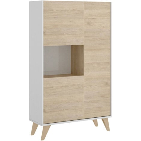 DMORA Crono, Buffet alto da soggiorno, Madia moderna da salotto a 3 ante, 81x43h135 cm, Rovere e Bianco