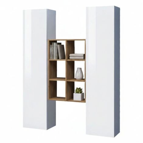 Dmora - Credenza Danila, Set da soggiorno a 2 ante e ripiani, Buffet da soggiorno, Madia da cucina, 100% Made in Italy, cm 140x30h180, Bianco lucido e Acero