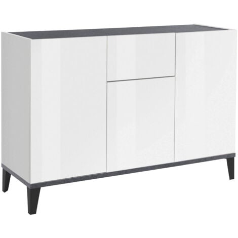 Dmora - Credenza Ddybal, Madia da cucina a 3 ante e 1 cassetto, Buffet da soggiorno, Madia da cucina, 100% Made in Italy, cm 120x40h82, Bianco lucido e Ardesia