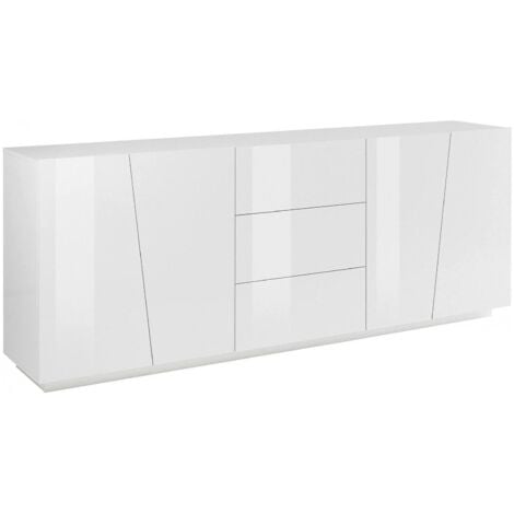 Dmora Credenza moderna a 4 ante e 3 cassetti, Made in Italy, Madia da cucina, Buffet di design da soggiorno, cm 220x43h86, colore Bianco lucido, con imballo rinforzato