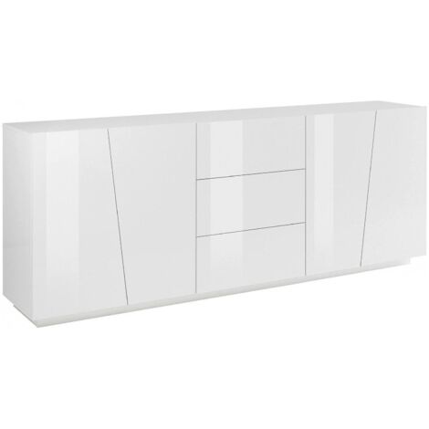 Dmora Credenza moderna a 4 ante e 3 cassetti, Made in Italy, Madia da cucina, Buffet di design da soggiorno, cm 220x43h86, colore Bianco lucido, con imballo rinforzato