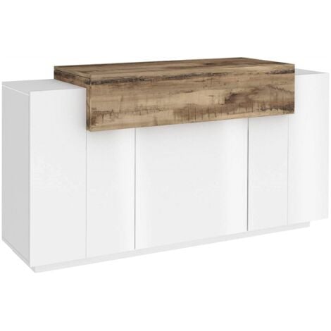 Dmora Credenza moderna, Madia di design a 4 ante, Made in Italy, Mobile Porta TV, Buffet da soggiorno, cm 140x45h86, colore Bianco lucido e Acero, con imballo rinforzato