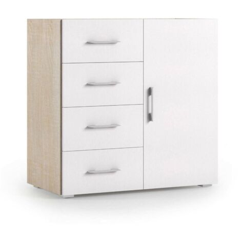 Dmora Credenza Violetta, Mobile buffet a 1 anta e 4 cassetti, Madia da soggiorno, Armadietto multiuso con ripiani, 100% Made in Italy, Cm 90x41h87, Bianco e Rovere, con imballo rinforzato
