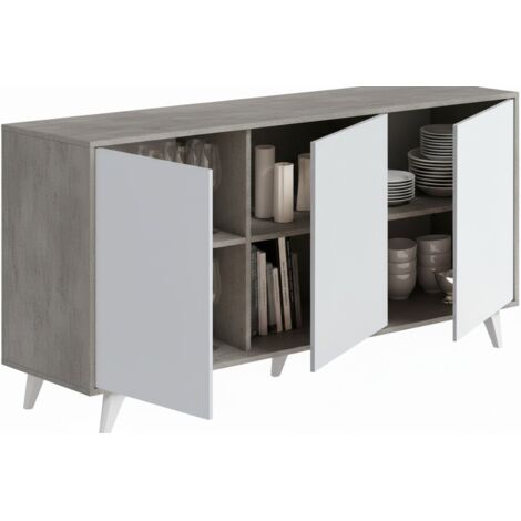 Dmora - Credenza Weddell, Buffet da soggiorno, Madia da salotto, Dispensa da cucina, 154x40h72 cm, Grigio chiaro e Bianco