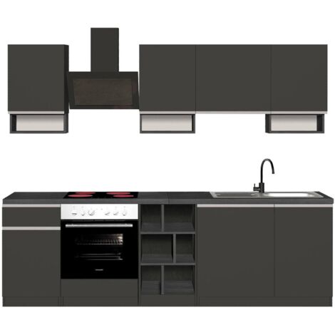 Dmora - Cuisine complète Dcelient, Cuisine pratique et peu encombrante, Mur de cuisine avec 7 portes et 1 tiroir, 100% Made in Italy, 255x60h85 cm, Anthracite et Ardoise