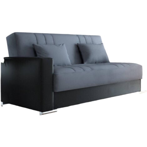 Dmora - Divano letto 3 posti Arix, Divano contenitore in ecopelle e tessuto, Sofà con apertura click-clack e 2 cuscini, 230x96h101 cm, Nero e Grigio