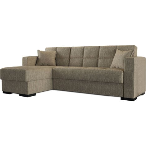 Dmora - Divano letto con penisola Armadillo, Divano ad angolo reversibile, Sofà contenitore da soggiorno con chaise longue e 2 cuscini, 230x150h81 cm, Beige