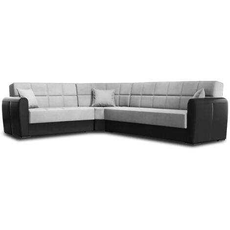 Dmora - Divano letto con penisola Gaillardia, Divano contenitore in ecopelle e tessuto, Sofà con apertura click-clack, 305x238h91 cm, Nero e Grigio Chiaro