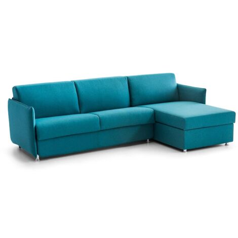 Dmora - Divano letto con penisola Virgilia, Sofà angolare trasformabile per salotto, imbottito, sfoderabile, 100% Made in Italy, 260x160 h90 cm, Azzurro