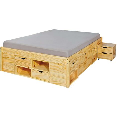 Dmora Doppelbett mit Staufächern und Nachttisch inklusive Rollen, Eichenfarbe, 166,5 x 47,5 x 209 cm