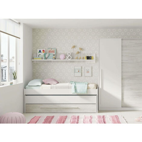 Dmora Dormitorio infantil con cama y estantería, color blanco, dimensiones 199 x 65 x 96 cm