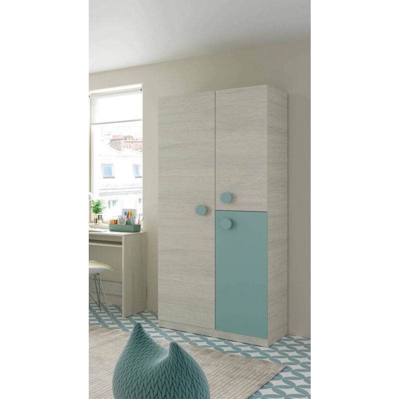 Dmora Kleiderschrank mit drei Türen mit Kleiderstange und drei Innenböden, weiße Farbe mit hellem Holzeffekt mit wassergrünem Türdetail, 90x 200 x 52