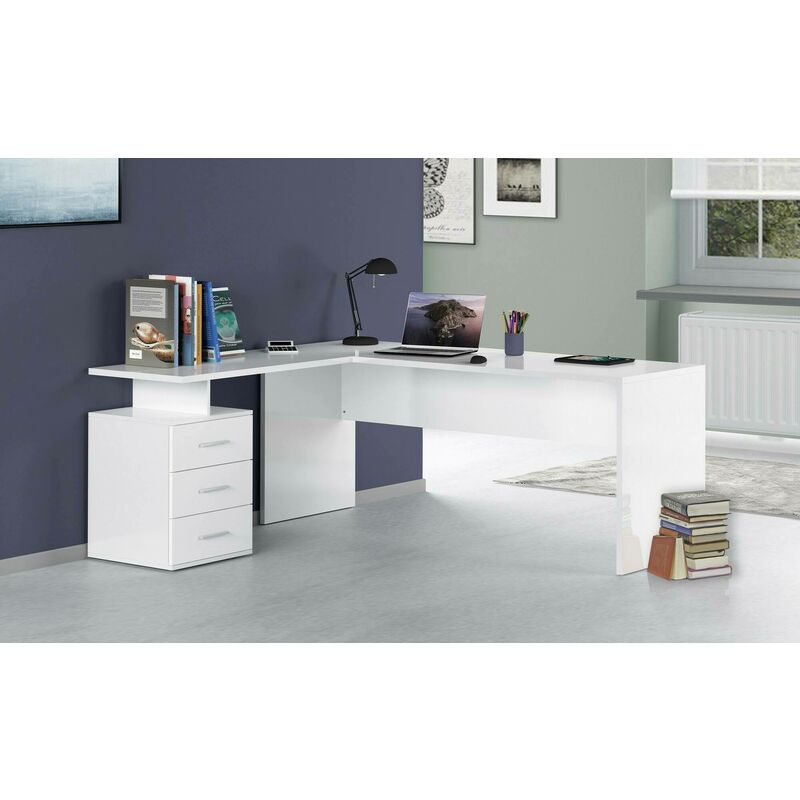 Dmora - Eckschreibtisch, Made in Italy, Minimaler Computertisch, Schreibtisch für PC, 160x60h75 cm, glänzend weiße Farbe