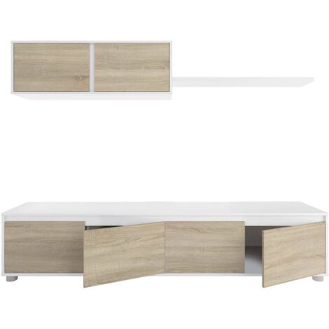 Dmora Einbaufertige Wand Savannah, TV-Ständer für Wohnzimmer, Zusammensetzung des Wohnzimmersets, Wohnzimmergarnitur mit Schrankwand, cm 200x41h43, Weiß und Eiche