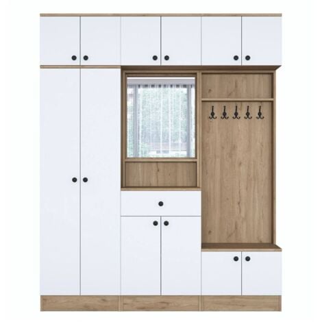 Dmora - Eingangsmöbel Adonis, Moderner Eingang, Wandgarderobe, Multifunktions-Aufbewahrungskonsole, 180x38 h226 cm, Walnuss und Weiß