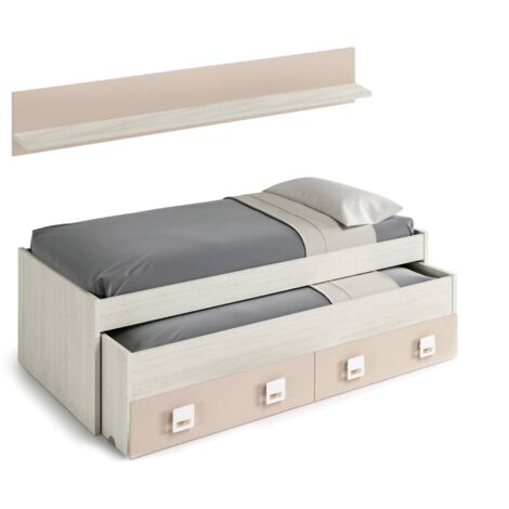 Dmora - Einzelbett Dcurci, Bettrahmen für Schlafzimmer, Einzelbett mit ausziehbarem Kinderbett und 2 Schubladen und passendem Regal, 199x96h65 cm, Weiß und Rosa