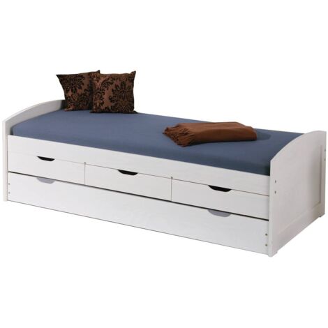 Dmora Einzelbett mit unterem Ausziehbett und drei Schubladen, weiß, 98 x 63 x 195 cm