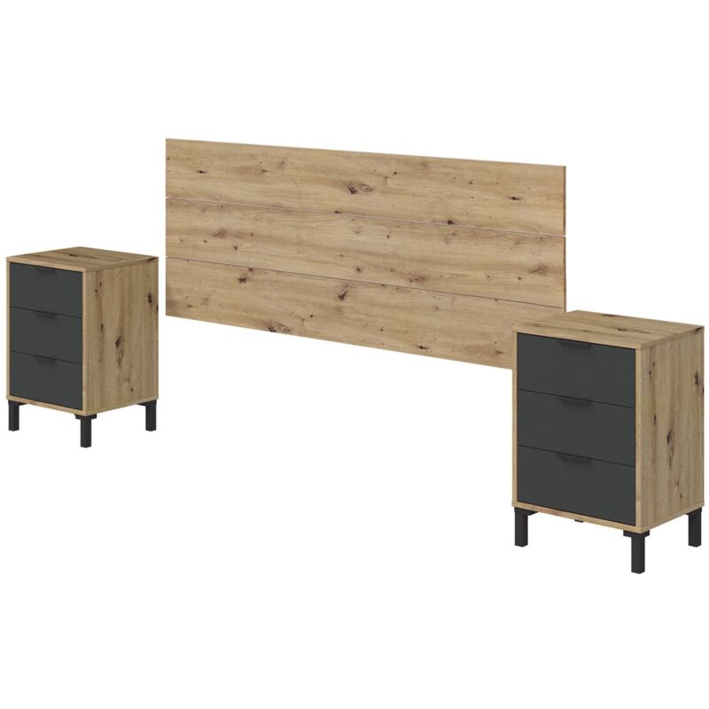 Table de nuit Birmingham, Chambre à coucher, Tête de lit et 2 tables de chevet à 3 tiroirs, cm 160x2, Chêne effet noeud et Anthracite, avec emballage