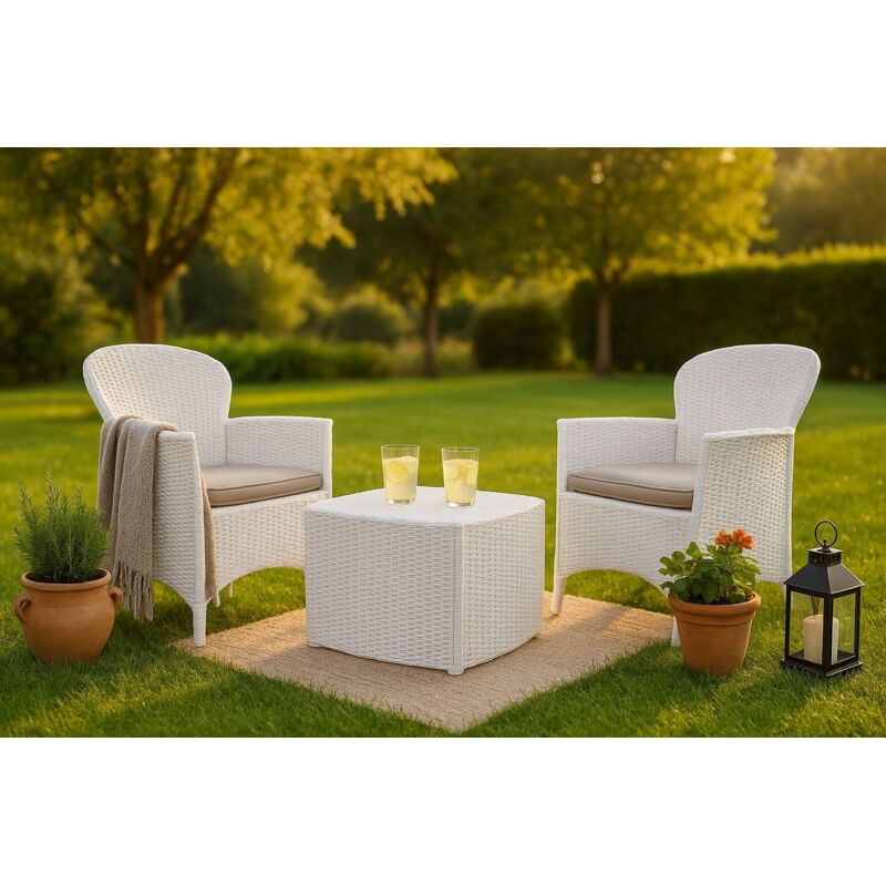 Set salon d'extérieur Napoli, Salon de jardin composé de 2 fauteuils et 1 table conteneur, Salon effet rotin, 100% Made in Italy, Blanc, avec