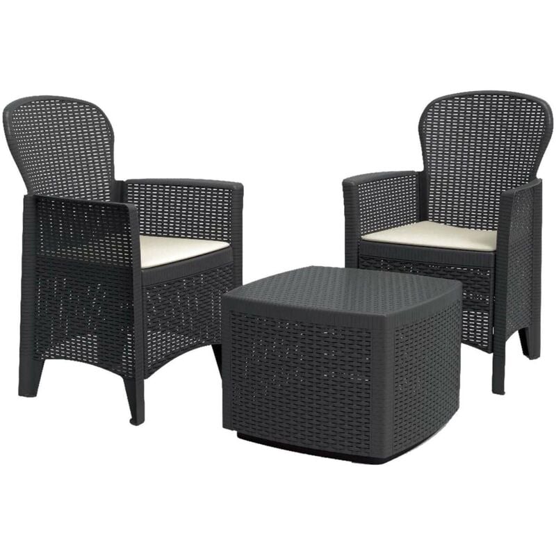 Set salon d'extérieur Napoli, Salon de jardin composé de 2 fauteuils et 1 table conteneur, Salon effet rotin, 100% Made in Italy, Anthracite, avec