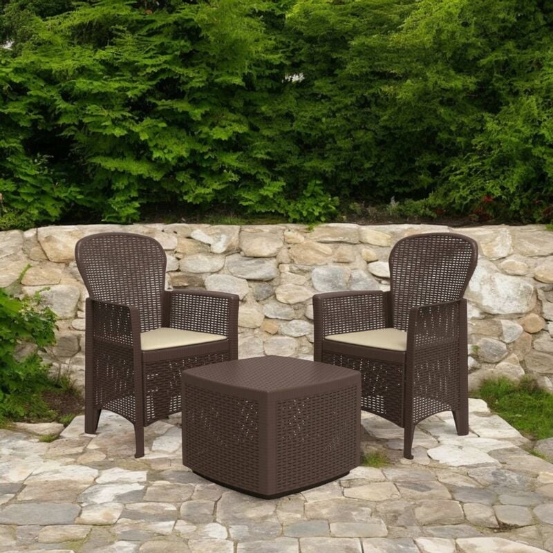 Set salon d'extérieur Napoli, Salon de jardin composé de 2 fauteuils et 1 table conteneur, Salon effet rotin, 100% Made in Italy, Marron, avec