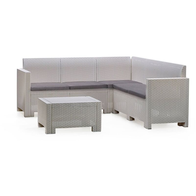 Ensemble de salon d'extérieur Eris, Ensemble de jardin avec coussins, Ensemble de salon d'intérieur effet rotin, 100% Made in Italy, Blanc - Dmora
